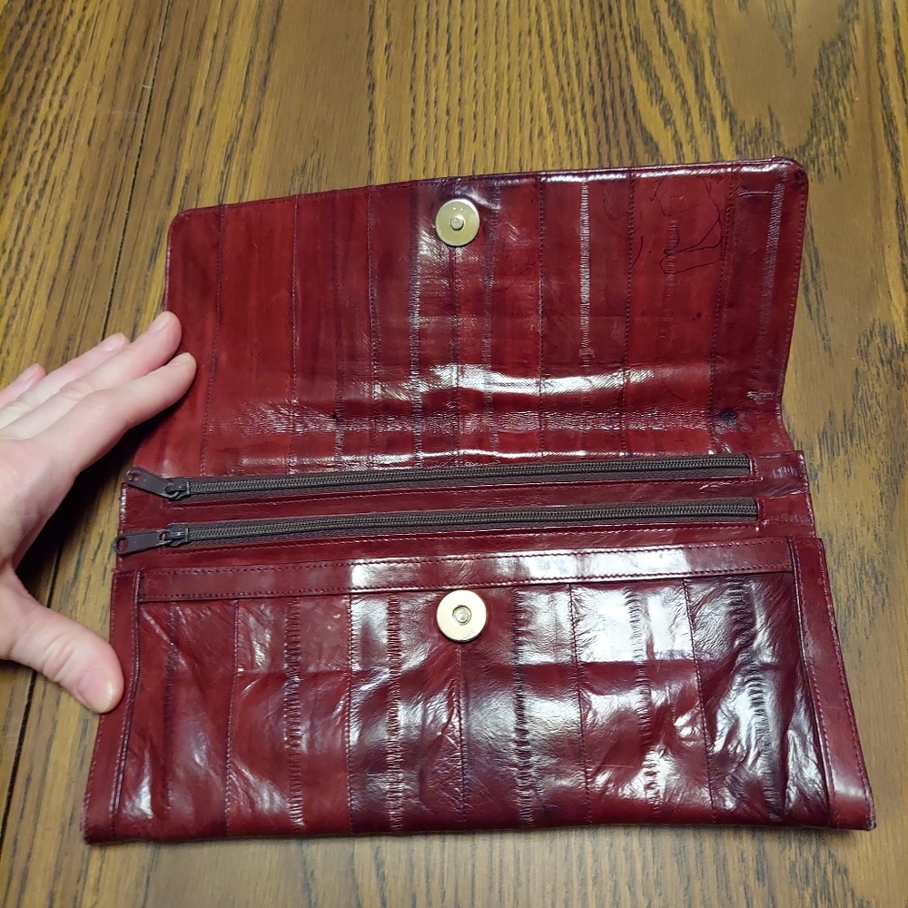 Vintage Genuine Eel Skin Clutch Wallet Purse Burgundy - Picture 4 of 9